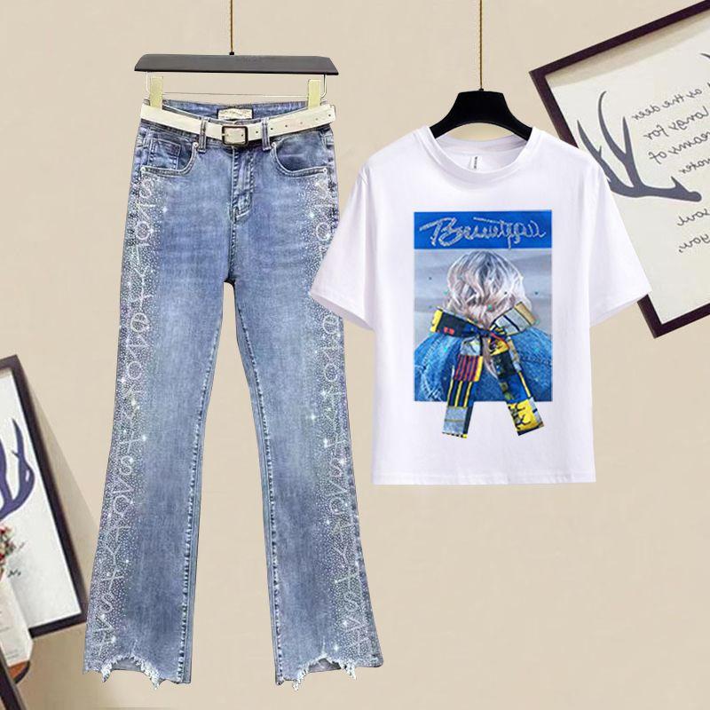 Летняя корейская версия свободного кроя с круглым вырезом, короткими рукавами и принтом + широкие джинсы, комплект из двух предметов для женщин
