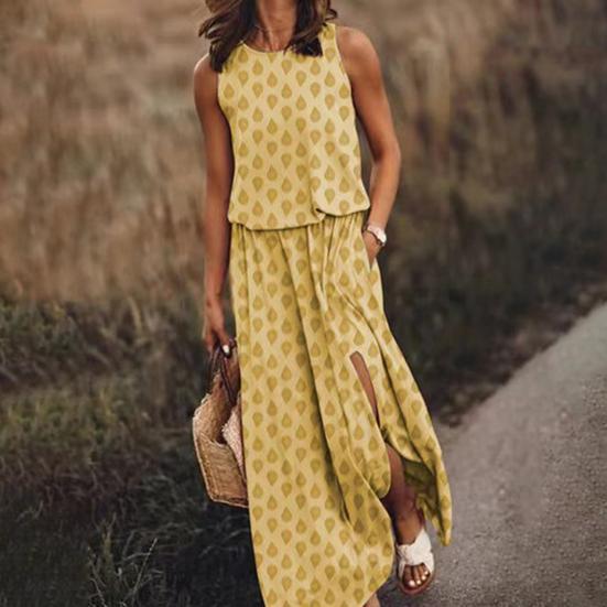 Женское платье макси без рукавов, повседневное, с круглым вырезом, эластичной талией и разрезом, длинное