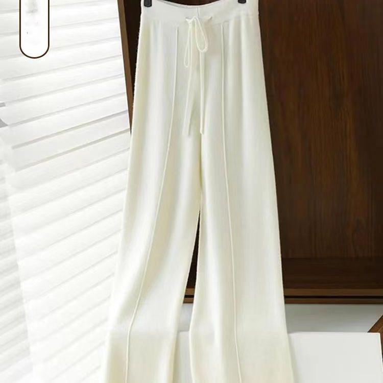Knitted Pants Women Spring and Autumn High Waist Elastic Drape Drawstring Loose Casual Mopping Pants Straight Wide Leg Pants