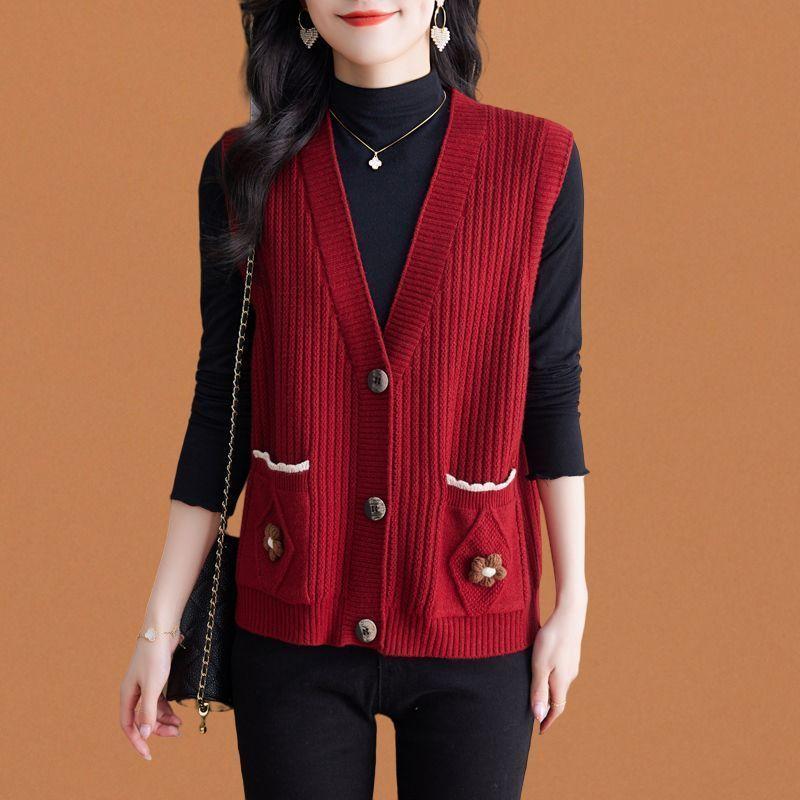 Вязаный жилет с V-образным вырезом, кардиган, женская свободная куртка на весну и осень, безрукавка, жилет с карманом, топ