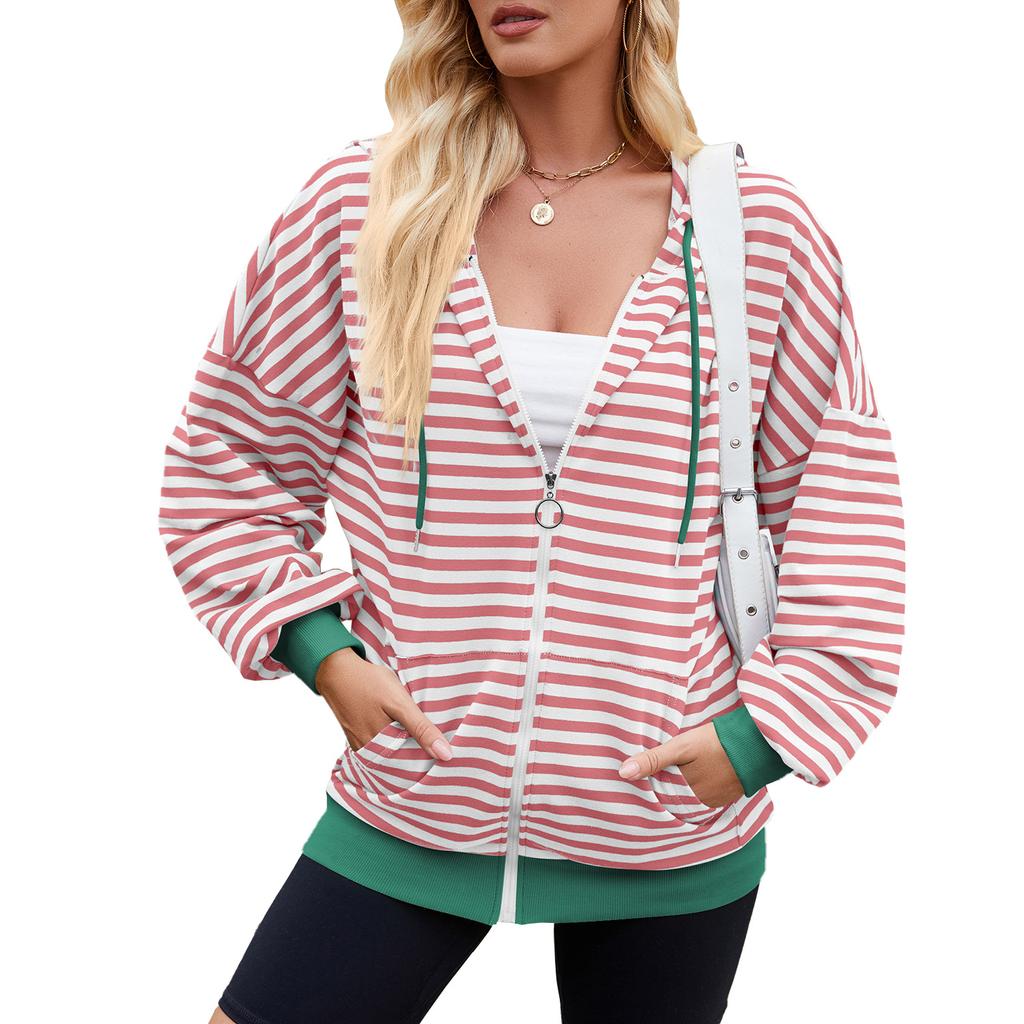 HNXC Women's Fashion Casual Stripe Print Long Sleeve Hooded Hoodies & Sweatshirts