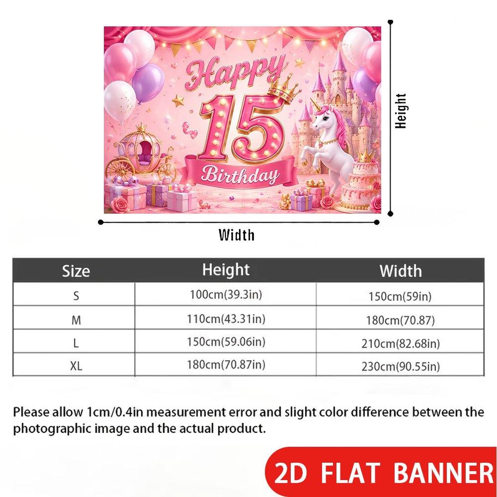 2D Flat Banner, 15th Birthday Backdrop, Pink Castle, Unicorn, Pumpkin Carriage, Balloons