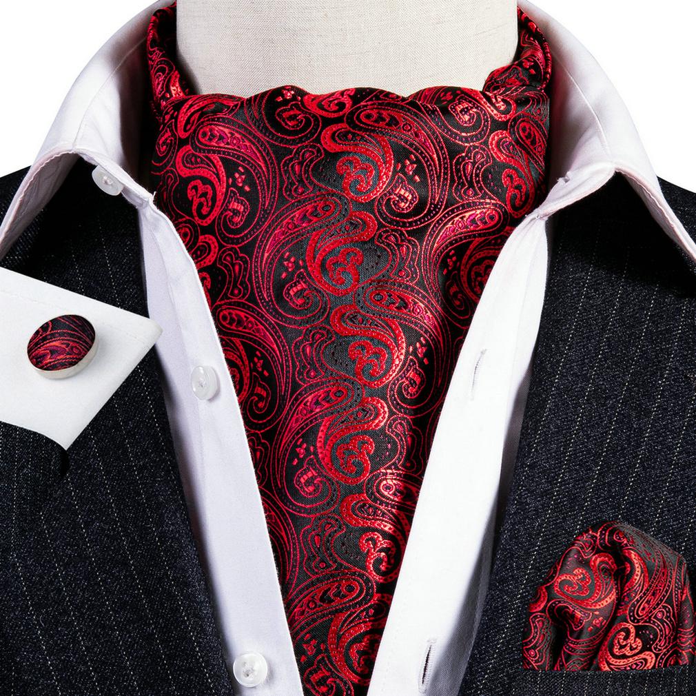 Barry.Wang Mens Formal Wedding Cravat Tie Pocket Square Cufflinks Silk Paisley Plaids Ascot Tie Set