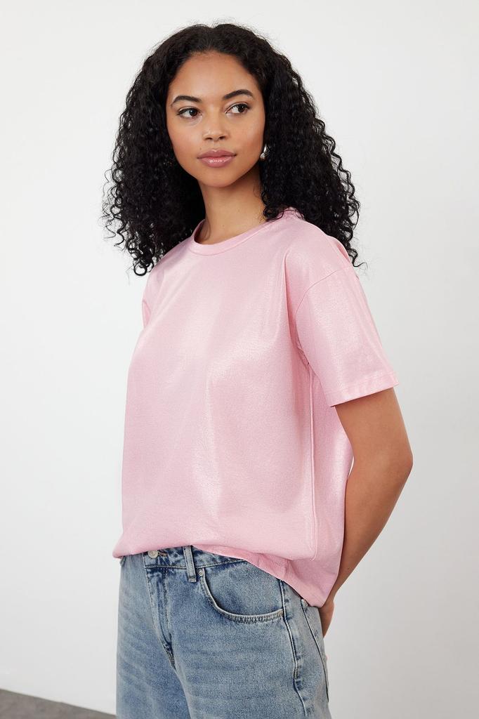 Женская стильная блузка Розовая трикотажная блузка стандартного кроя с принтом из фольги