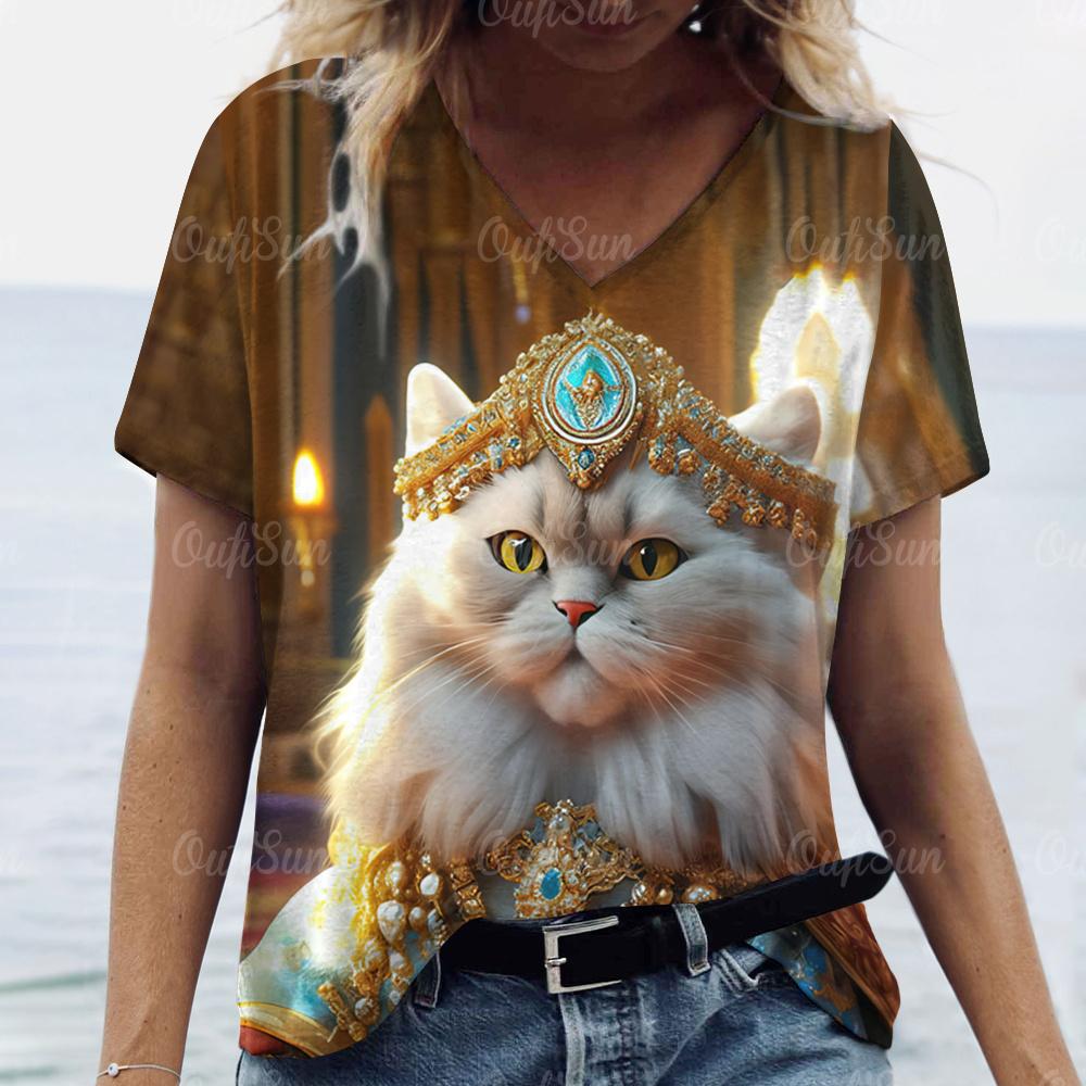 Футболка с принтом 3D-кота для женщин, повседневные футболки с коротким рукавом и V-образным вырезом, свободная одежда, милые топы для женщин