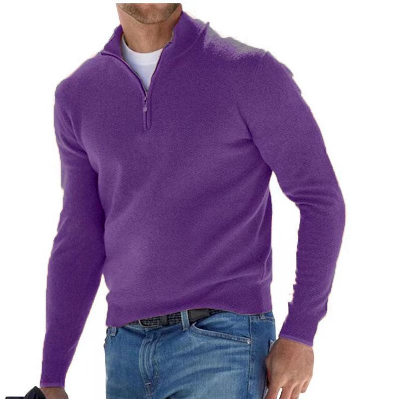 Men's Autumn Long Sleeve V-Neck Wool Polo Shirt with Plush Zipper
