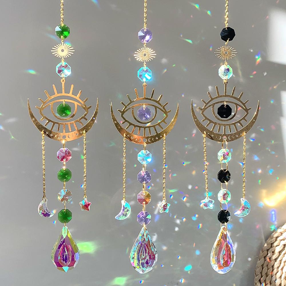 Evil Eye Crystal Suncatcher, Golden Eye Hanging Prism Ornament for Window Home Decor
