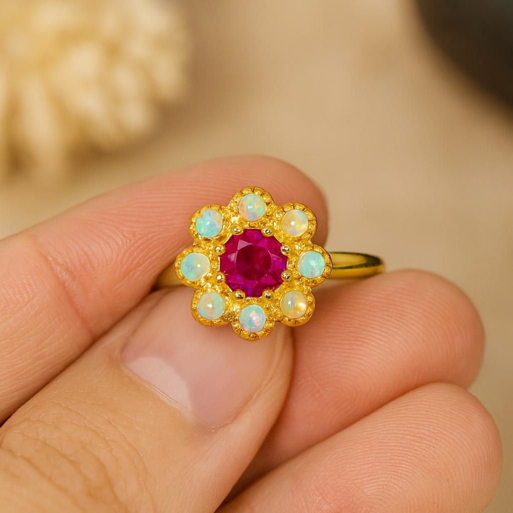 Свадьба Помолвка Юбилей Обещание Подарок – Кольцо с Красным Рубином и Белым Опалом, Ручная работа Арт Деко Камень-самоцвет Июльский Камень-самоцвет Свадебные украшения