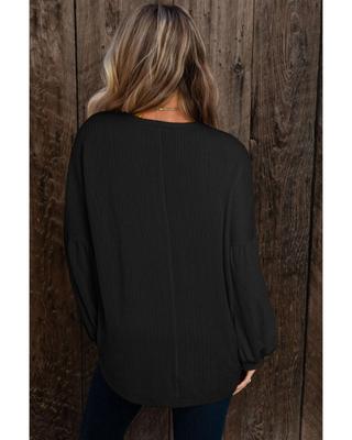 Black Faux Knit Jacquard Puffy Long Sleeve Top