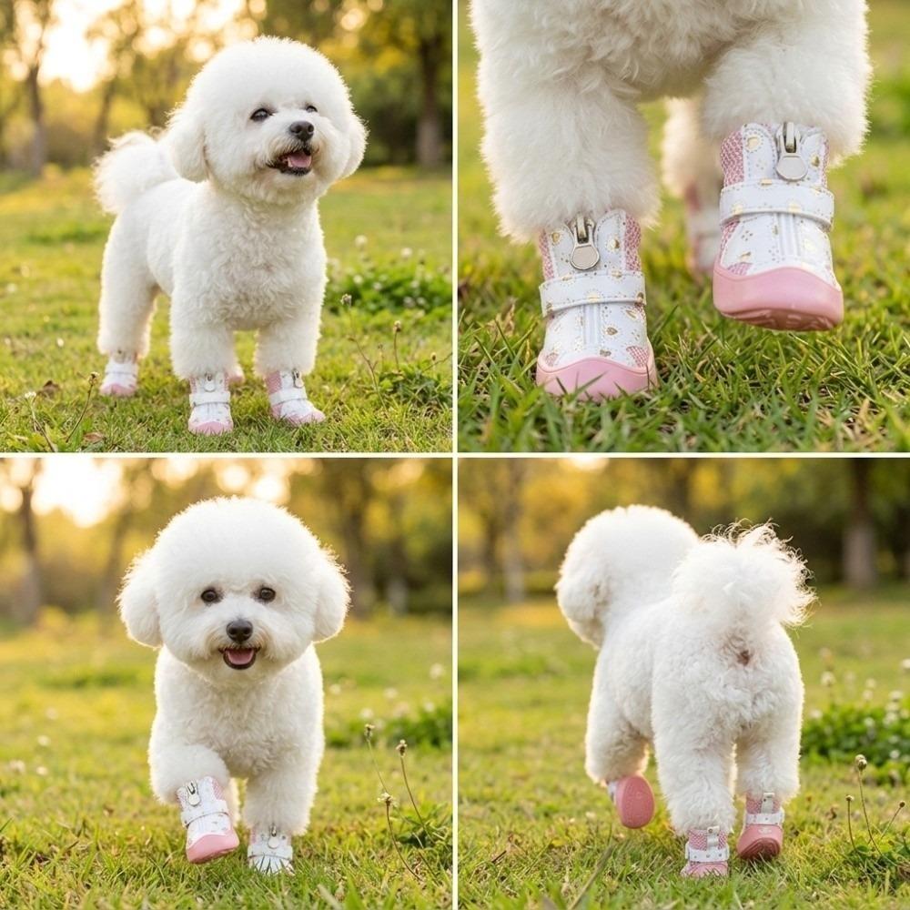 4Pcs Golden Mesh Mesh Dog Shoes Breathable Puppy Paw Shoes Breathable Pet Boots Teddy Bichon