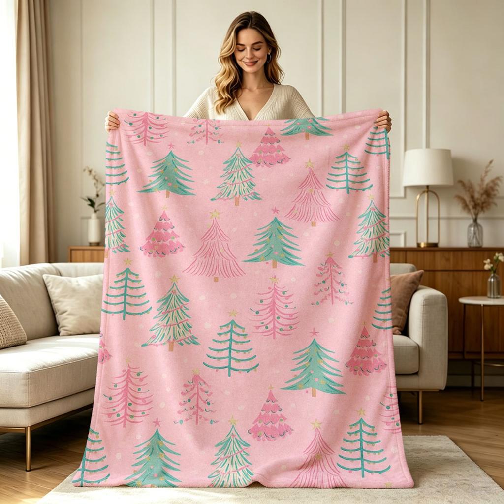 Soft Cozy Flannel Christmas Tree Print Blanket All Season Warm Throw Blanket for Sofa Couch Bed Office Living Room Bedroom Holiday Home Decor Comforta