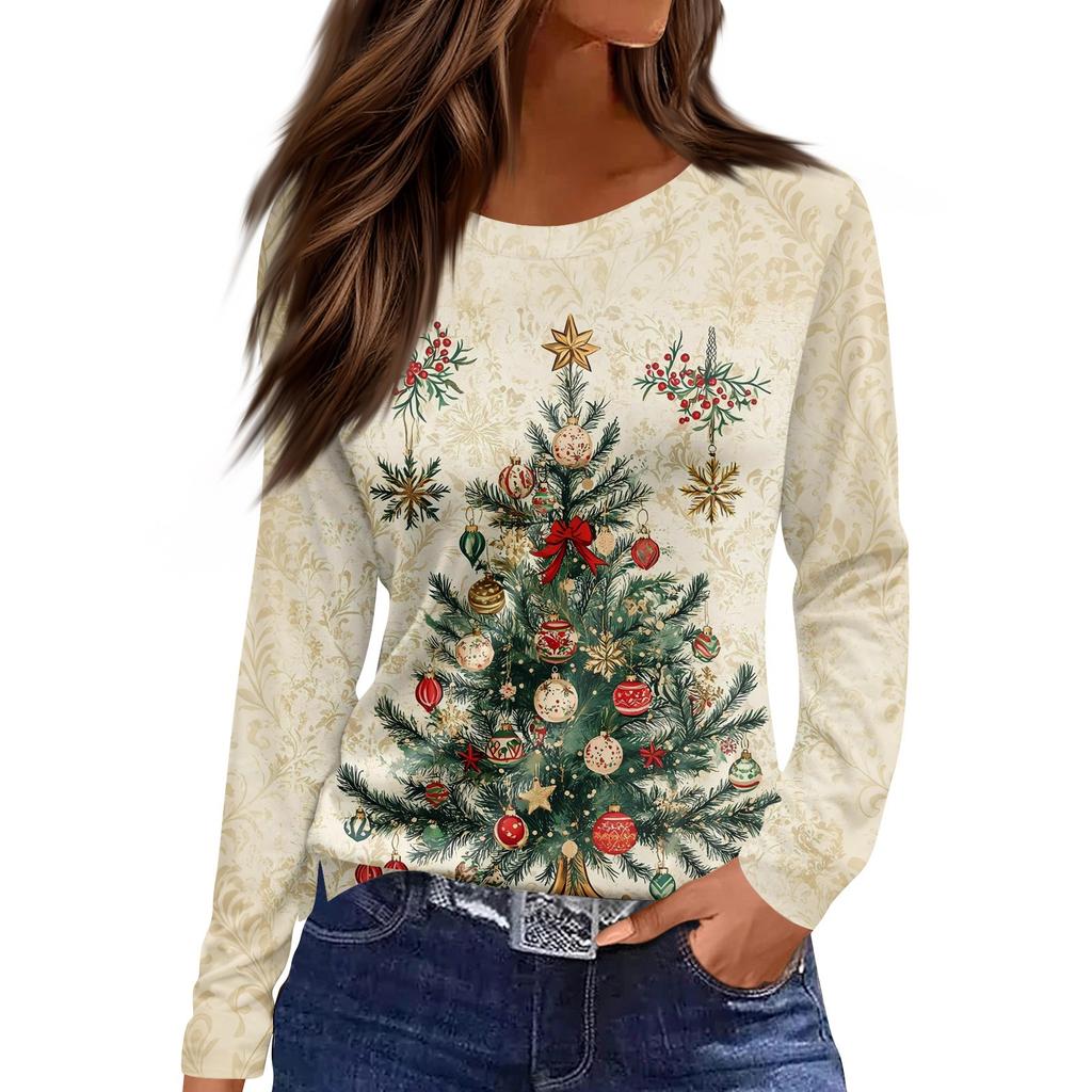 Женская модная повседневная футболка с разрезом по низу, круглым вырезом, длинными рукавами, свободного кроя, с рождественским принтом, женский топ