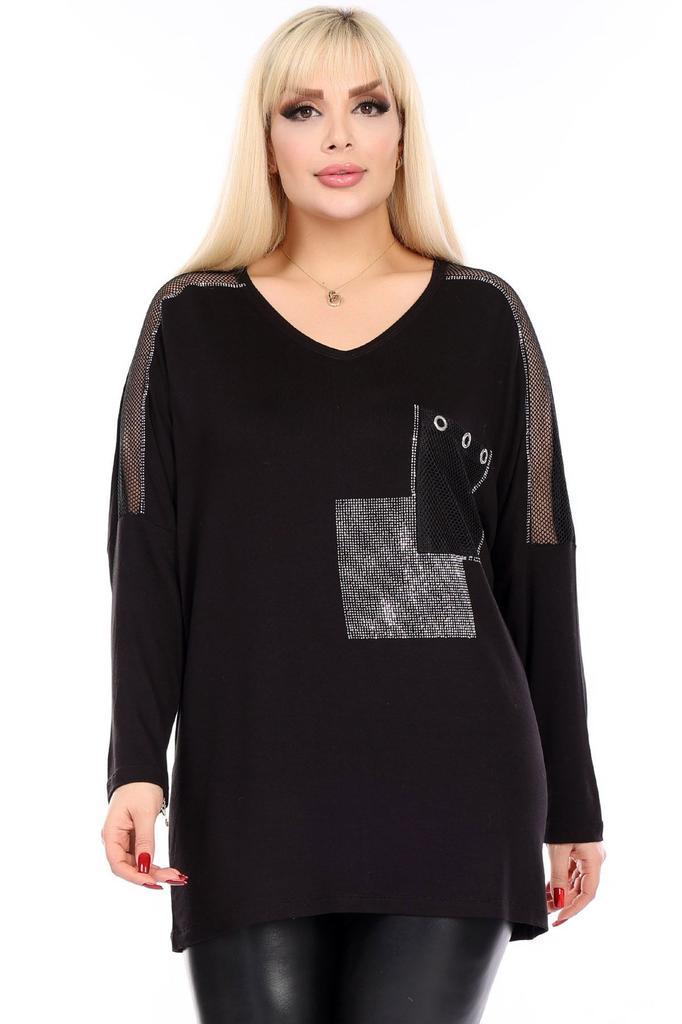 Женская блузка большого размера с v-образным вырезом, карманами и рукавами, сетчатая деталь, каменная вышивка, длинный рукав, удобная и струящаяся гибкая блузка