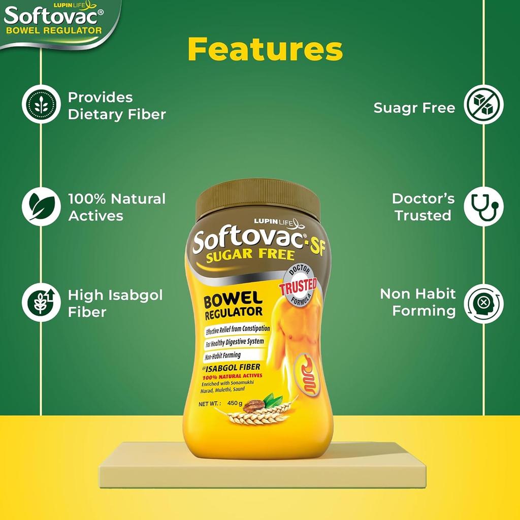 Softovac SF Isabgol Bowel Regulator Powder 450 G Sugar Free Gentle Digestive Support Relieves Constipation Bloating Promotes Healthy Gut for Adults