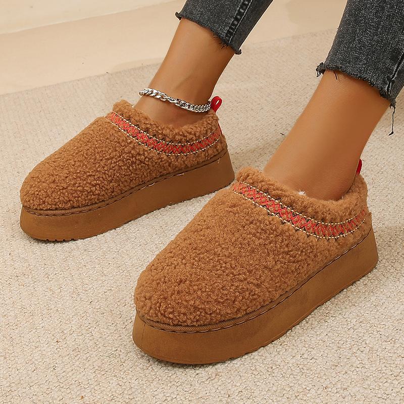 Women Embroider Wool Cotton Boots Shallow Fluffy Plush Close Toe Ladies Boots Winter Thick Suede Platform Shoes Boats