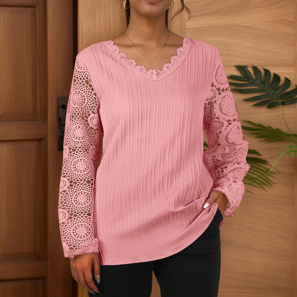 Женская свободная повседневная футболка с v-образным вырезом и кружевом в стиле пэчворк с длинными рукавами