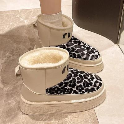 Леопардовые женские меховые зимние ботинки, ботильоны на плоской подошве, платформа, 2025, зимние, с коротким плюшем, теплые женские ботинки, спортивная обувь, женские ботинки челси
