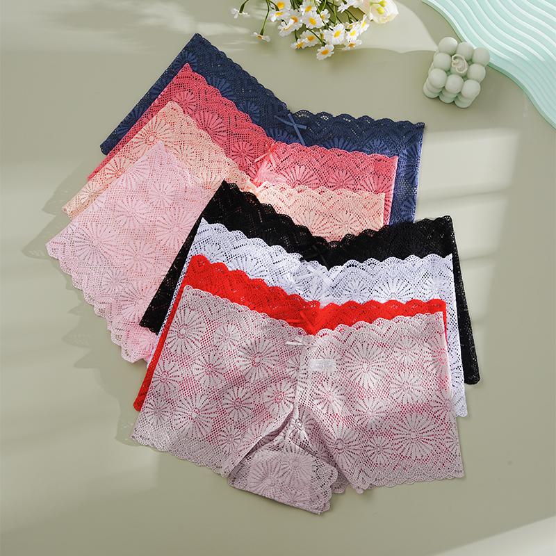 FINETOO 3Pcs Women Mid Waist Plus Size Panties Lace Mesh Floral Transparent Briefs Underwear Solid Seamless Underpants Lingerie