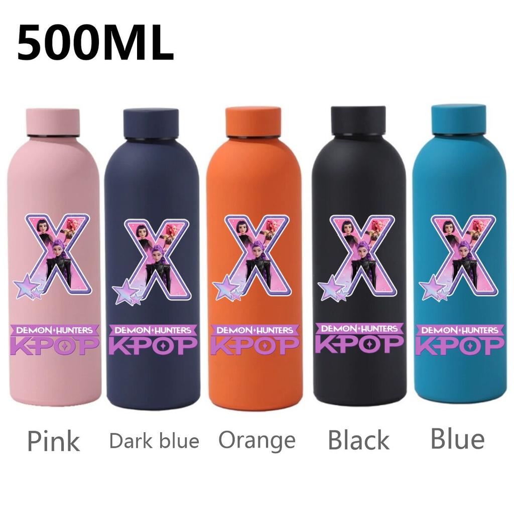 500ML KPop Demon Hunters Sport Leak Proof Stainless Steel Insulated Mug Water Cup Letter Number Cartoon Print Birthday Gifts