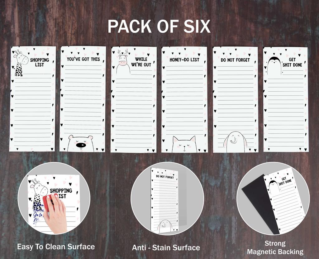 Inkdotpot Упаковка из 6 забавных магнитных списков для сухого стирания на холодильнике, протирание без пятен, быстрые заметки, доска для покупок и список продуктов на холодильник