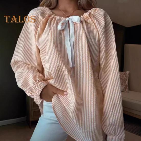 Женская рубашка с круглым вырезом, бантом, шнуровкой, длинным рукавом, полосатым принтом, свободный крой, для вечеринок, офиса, повседневной носки