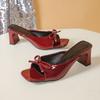 Женские босоножки на высоком каблуке с бантом 2025 года, летние женские тапочки для отдыха на открытом воздухе, винно-красные тапочки с квадратным носком