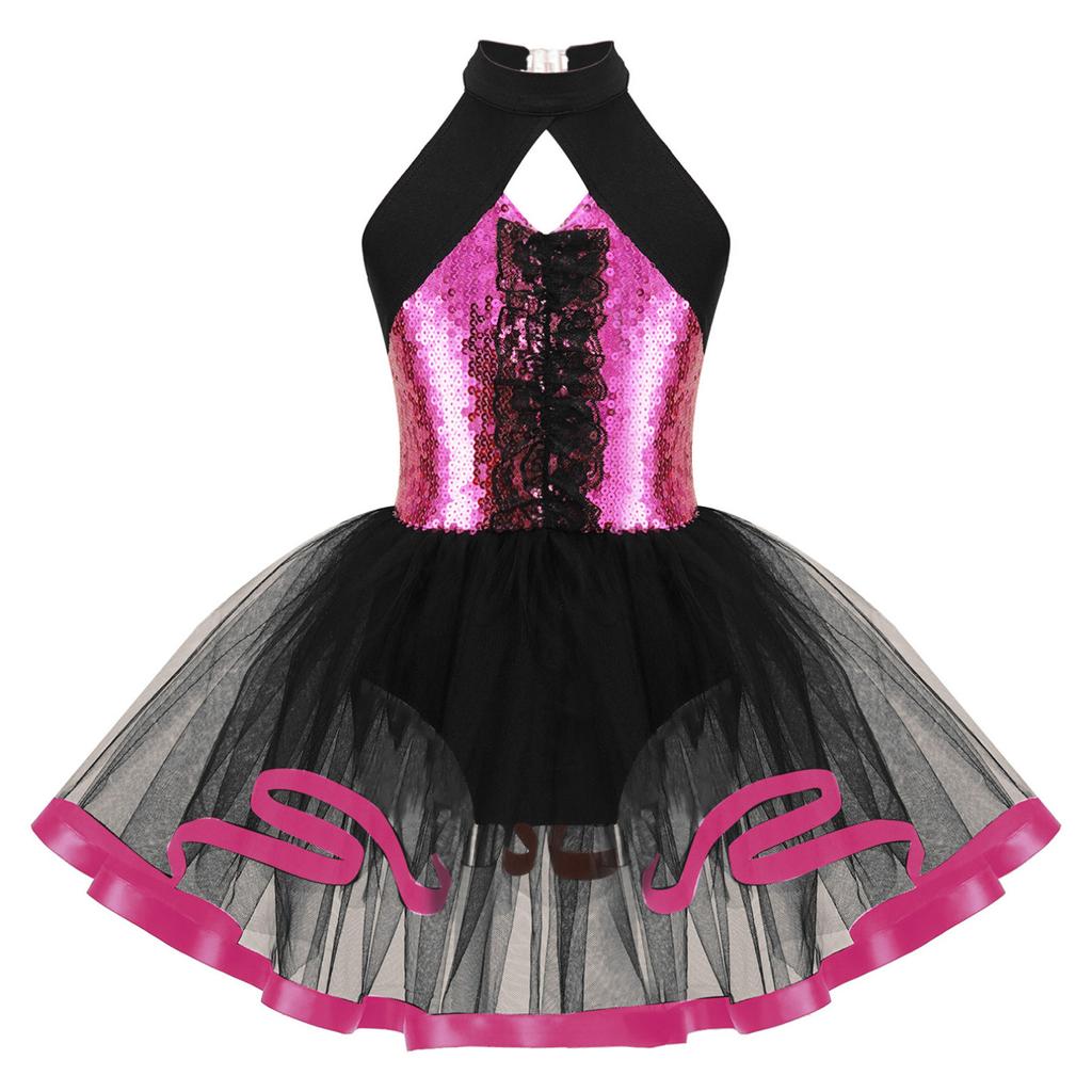 Детское балетное платье-пачка с блестками для девочек, гимнастическое трико с лямкой на шее, современный костюм для латинских джазовых танцев