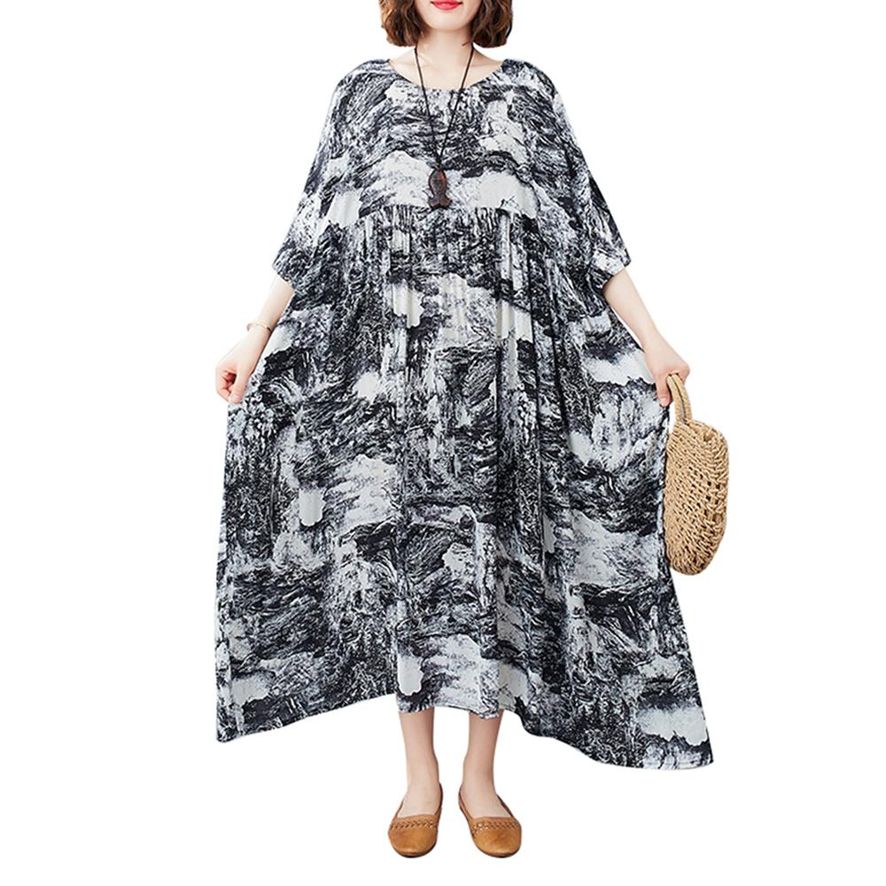 Женское хлопково-льняное платье с цветочным принтом и карманами до середины икры, свободный круглый вырез с короткими рукавами, повседневные размеры больших размеров