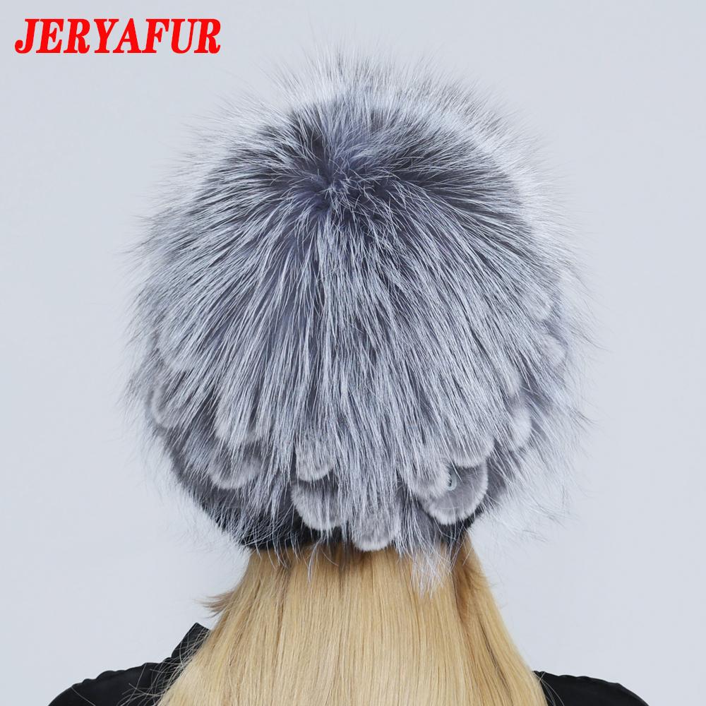 JERYAFUR Женская шапка из натурального меха норки, помпон из лисы, цветы кролика, стильная теплая модная зимняя шапка из натурального меха для девочек, вязаная