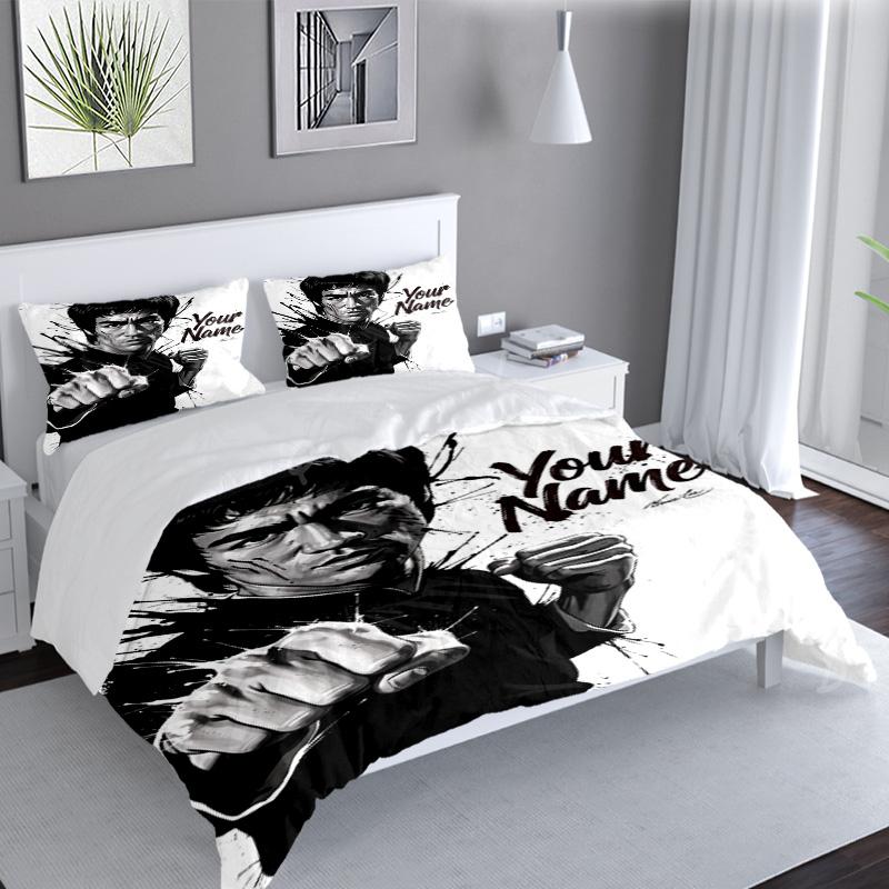 Custom Name 3PCS Dynamic Bruce-Lee Pose Bedding Set,Including  Duvet Cover And 2pcs Pillowcases Perfect for Bedroom,Dormitory,Fan Christmas gift