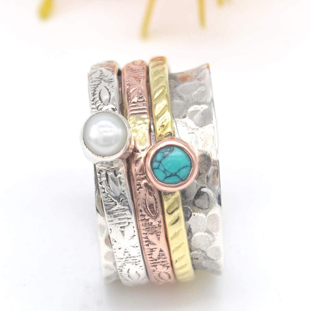 Pearl & Turquoise Ring, Spinner Ring, Handmade Ring, Meditation Ring, Gift For Her, Anniversary Gift, Solid Ring