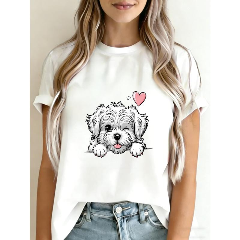 Милая футболка с принтом собаки, белая футболка с щенком ши-тцу и дизайном в виде сердца, повседневная одежда для женщин
