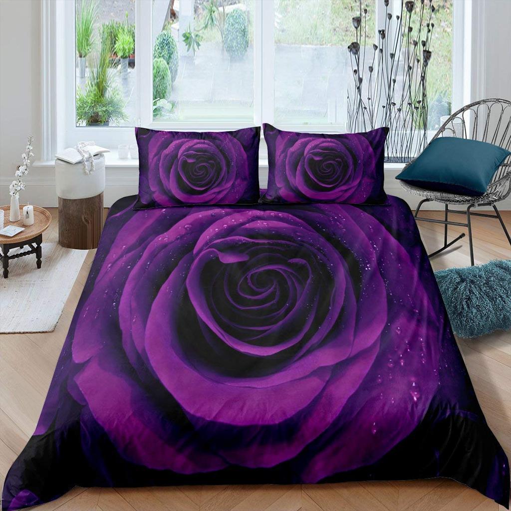Purple Rose Duvet Cover Set Queen Size Romantic Flowers Bedding Set Valentine'S Day Floral Comforter Cover Lover Couple Gift