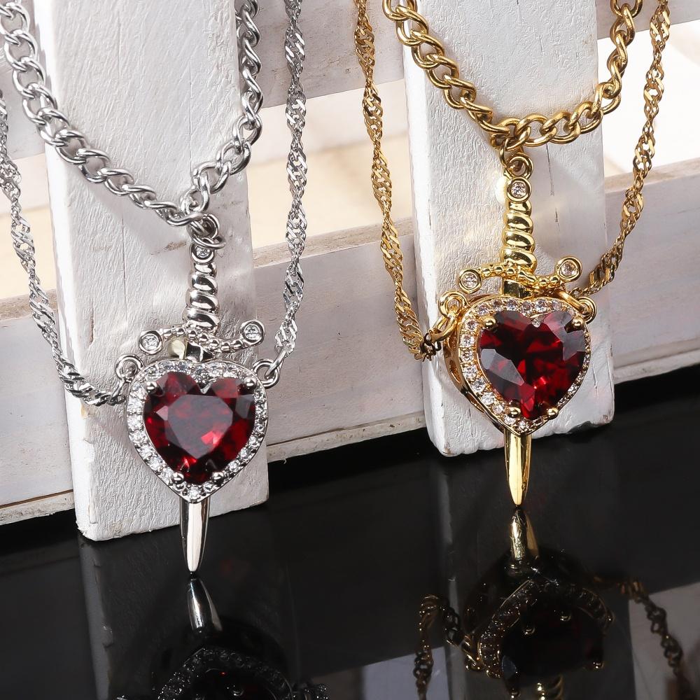 New Geometry Zircon Sword Heart Pendant Double layer Necklace Women's Trendy Fashionable Versatile Sweet Exquisite Jewelry Gift