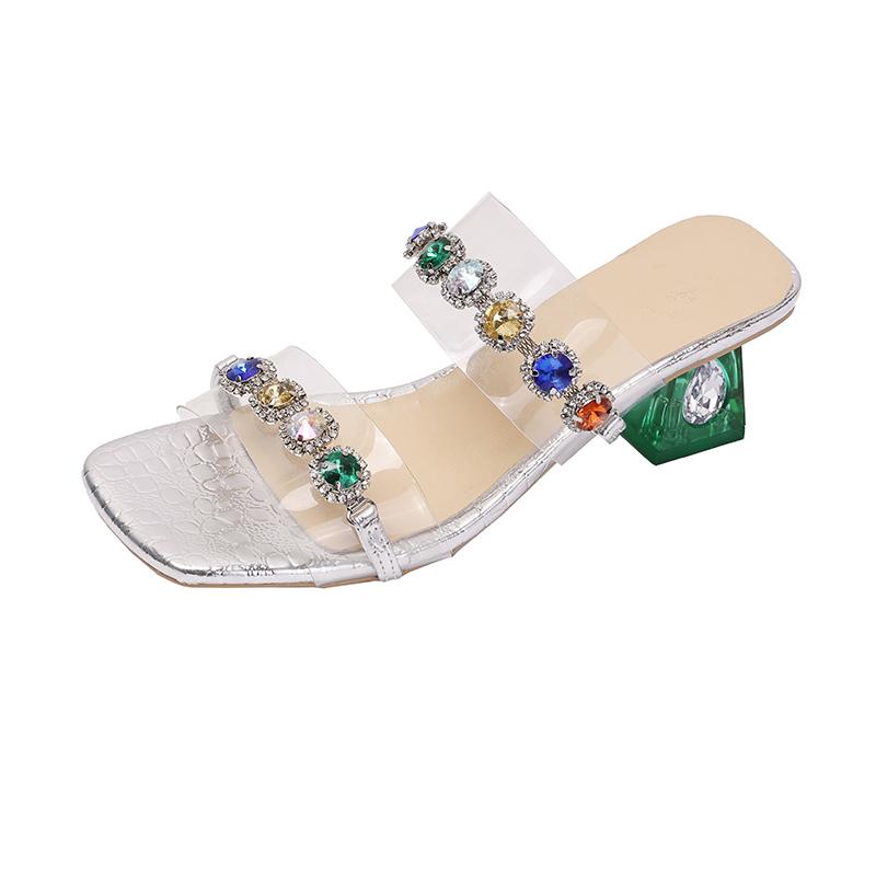 Летняя обувь квадратный носок разноцветные стразы блочный каблук открытый носок прохладные шлепанцы с юбкой красивые полушлепанцы женские