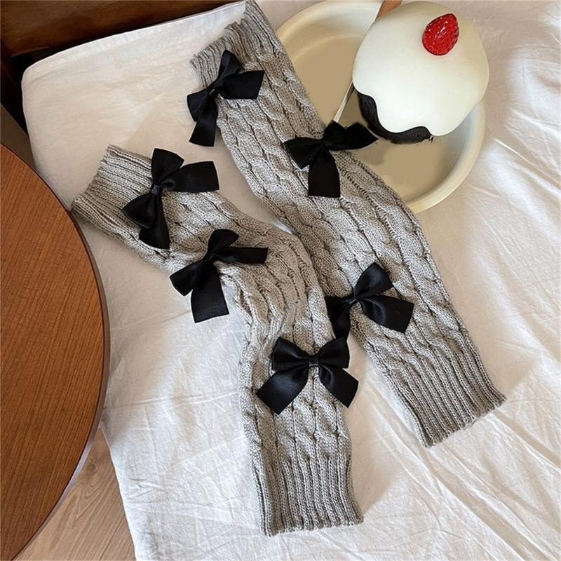 Womens Girls Japanese Cable Knitted Stretch Leg Warmers Sweet Bowknot Accent Leg Covers Footless Boot Socks Streetwear