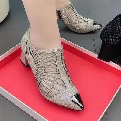 Женские сандалии, новые летние женские туфли с полой сеткой, женские туфли на толстом каблуке с острым носком и высоком каблуке