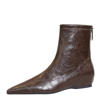 Женские коричневые ботильоны из искусственной кожи, винтажные сапоги с заостренным носком, увеличивающие рост, модные рыцарские сапоги 2024 года на молнии сзади