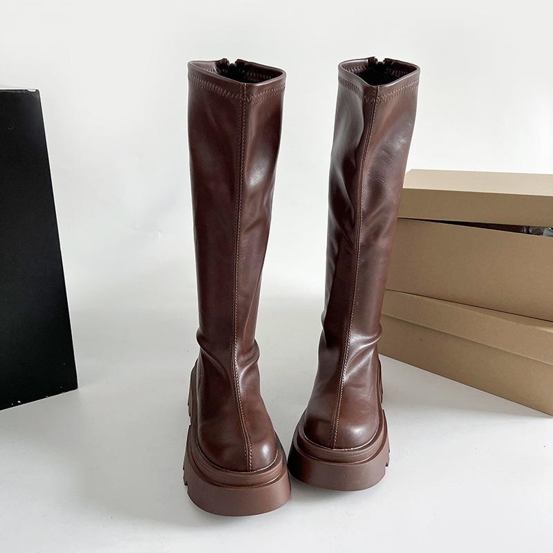 Brown Retro British Style Thick Heel Platform Boots Women's 2025 New Spring and Autumn But Knee Height Knight Boots