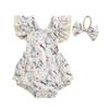 Baby Girls Easter Outfits Flower Bunny Print Lace Trim Flying Sleeve Spring Romper with Bow Headband 2 Pcs Set