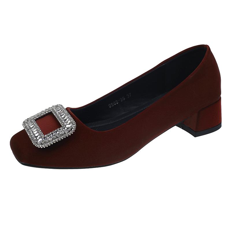 Модные свадебные туфли невесты, женские туфли-лодочки 2024 года, роскошные атласные туфли со стразами, квадратный носок, толстый каблук, свадебные шелковые туфли для невесты