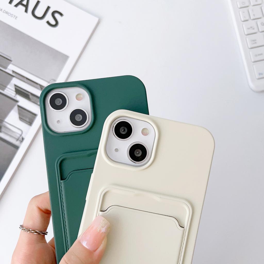 For iPhone 15 Plus Soft Liquid Silicone Case Card Holder Scratchproof Protective Cover with Strap