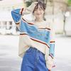 Pofulove Autumn Winter Striped Loose Bottoming Sweater Wild Color Matching Letter Pullover Sweater