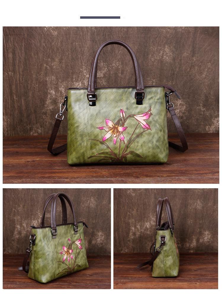 Johnature Retro Woman's Handbag Hand Painted Genuine Leather Women Shoulder Bags Leisure Floral Cowhide Messenger Bag