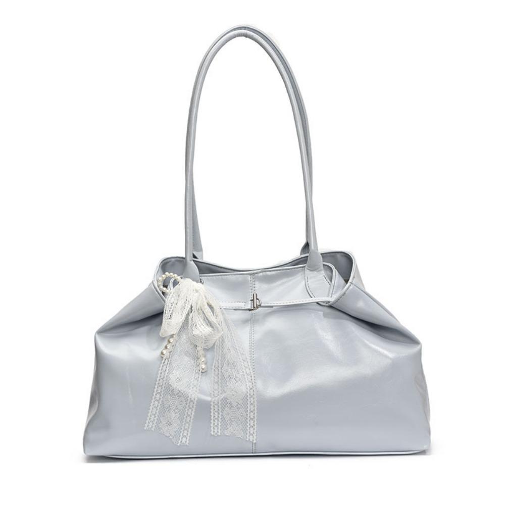 PU Leather Shoulder Bag Tote Bag with Bow Lace Pendant Versatile Armpit Bag Solid Color Large Capacity Underarm Bag Travel