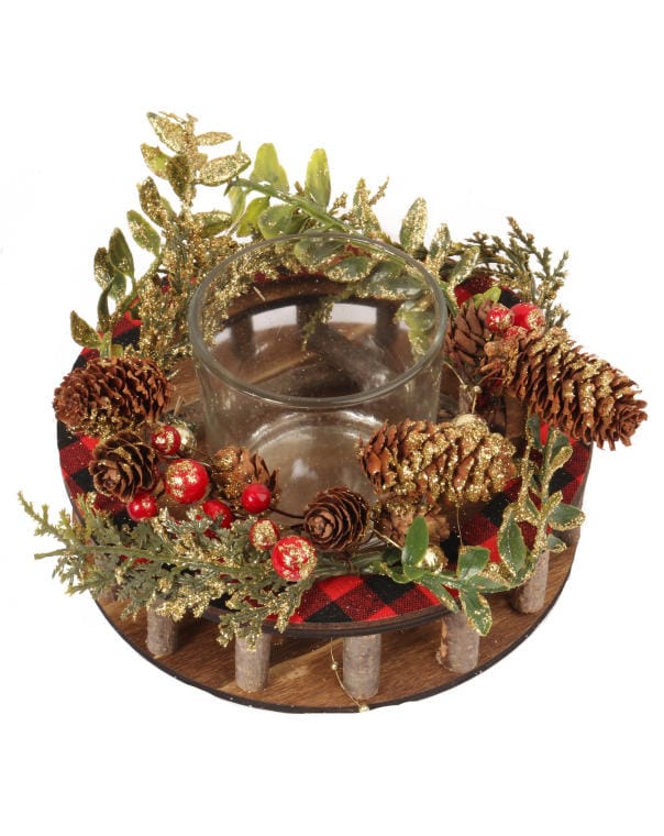 Candlestick with natural decorative elements and glass container, 24 cm
