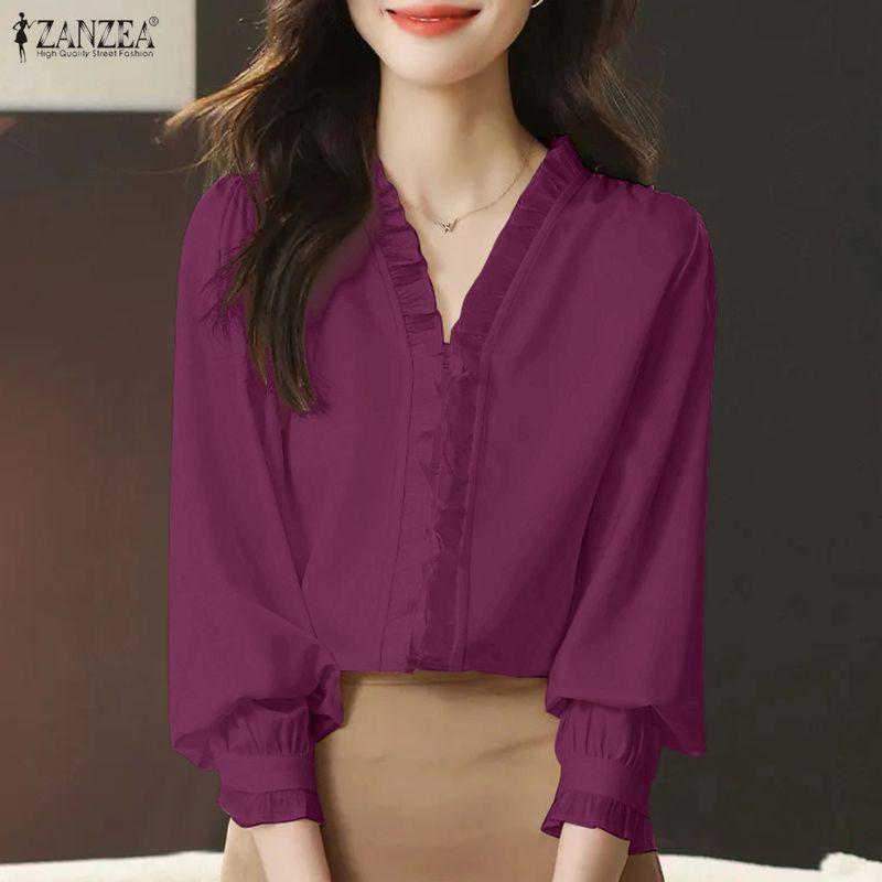 ZANZEA Женская повседневная блузка с V-образным вырезом и длинным рукавом