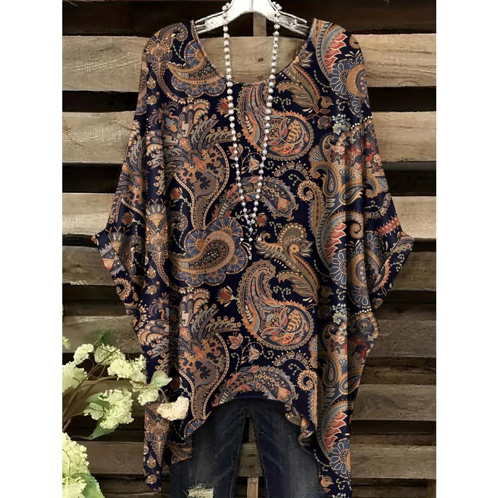 Летняя женская футболка в этническом стиле с принтом, удлиненная спереди, с круглым вырезом, повседневная, удобная, футболка в стиле Y2k, винтажная женская футболка с коротким рукавом