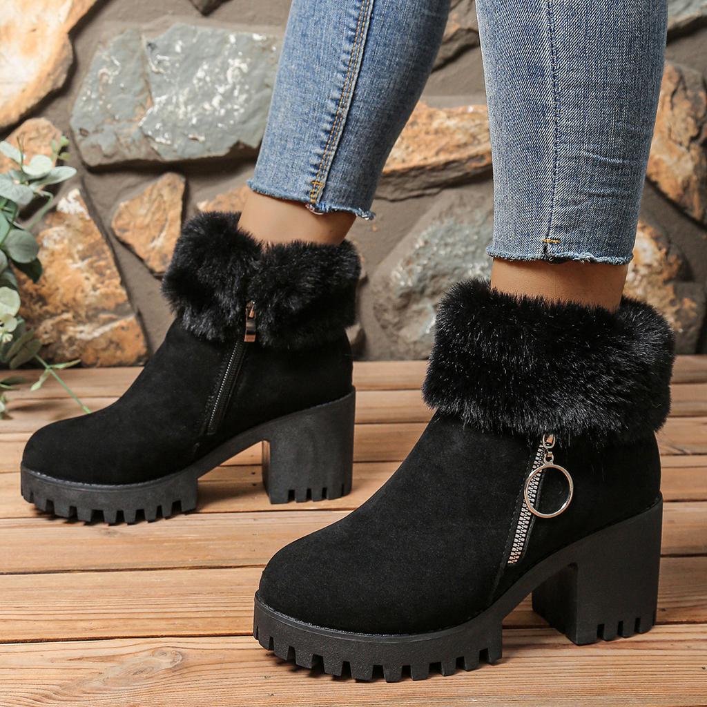 Warm High-heeled Cotton Shoes Women's 2025 Winter New Fleece Thickened Plus Size Thick Heel Furry Booties