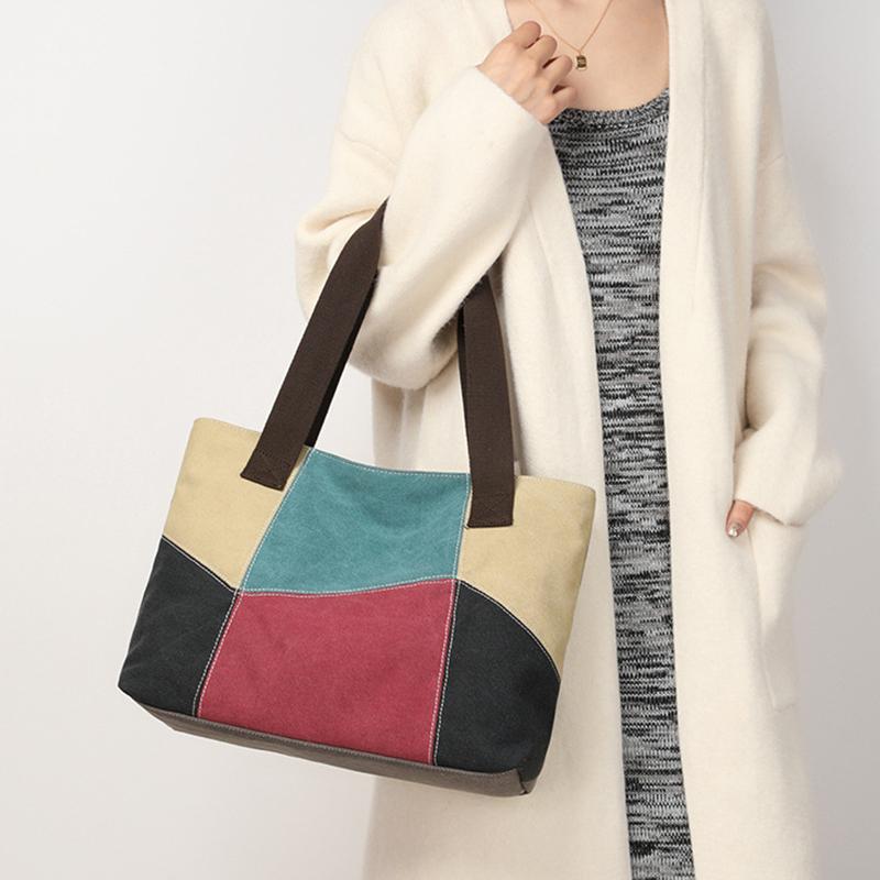 Новая женская сумка через плечо из сращенного холста, вместительная, портативная сумка-мессенджер, повседневная сумка в этническом стиле, контрастного цвета